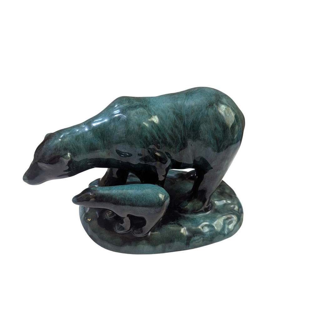 Blue Mountain Pottery Polar Bear and Cub Figurine Green Drip Glaze Canada 10in - Picture 2 of 10
